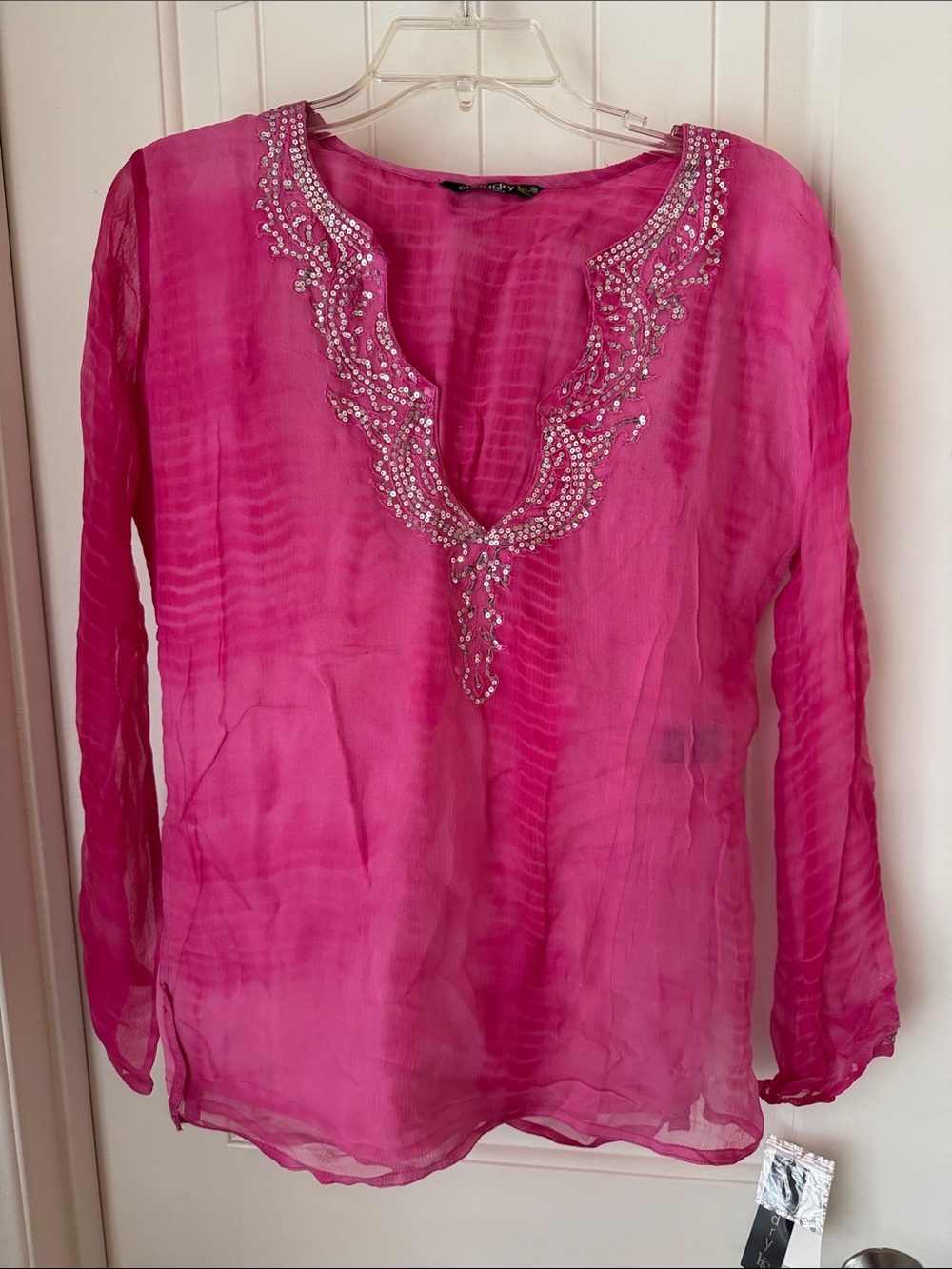 NWT Chaudry Sports Beaded V-Neck Sheer Tunic Top - Hot Pink